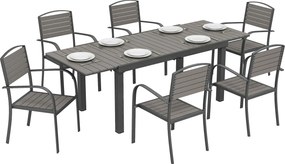 Outsunny 7 részes kihúzható kültéri étkezőgarnitúra 6 székkel, fahatású lécezett asztallappal, alumínium váz, időjárásálló, szürke | Aosom