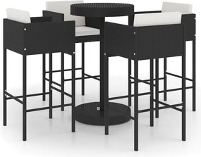 vidaXL 5 részes fekete polyrattan kerti bárszett párnákkal
