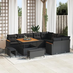 12 darabos kerti sofa szett párnákkal fekete poli rattan akácfa, 3 darabos kerti étkező szett párnákkal fekete poli rattan akácfa