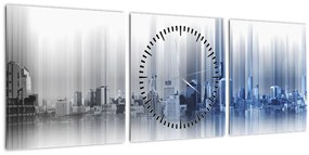 Kép - Panoráma a városra, kék-szürke (órával) (90x30 cm)