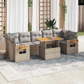 8 részes bézs polyrattan akácfa kerti ülőgarnitúra párnával