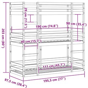 viaszbarna tömör fenyőfa háromszintes ágy 90 x 190 cm