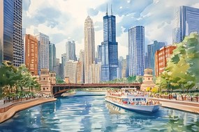 Vászonkép Canvas Város Folyó Chicago Felhőkarcolók Willis Tower 60x40
