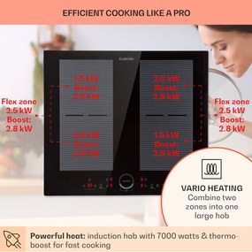 Klarstein Delicatessa 60, beépített indukciós főzőlap, 7000 W, 4 zóna, üvegkerámia, fekete