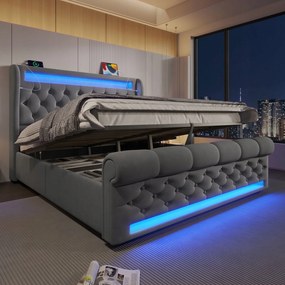 Kárpitozott ágy Franciaágy 140x190 cm Led Usb C Hidraulikus szürke