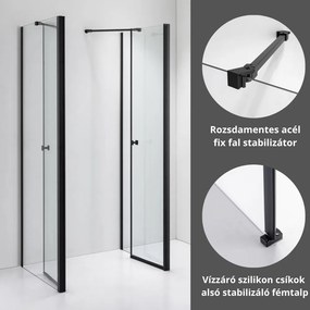 Stuxi Roma Black 70x80 falsíkra szerelhető 3 oldalú kétszárnyú nyílóajtós zuhanykabin 6 mm vízlepergető biztonsági üveggel, matt fekete elemekkel, 195 cm magas