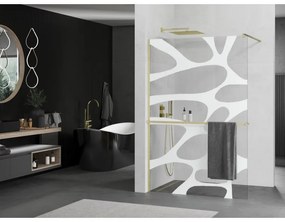Mexen Kioto+, Walk-In zuhanyparaván polccal és akasztóval 90 x 200 cm, 8 mm átlátszó üveg fehér mintás, arany matt profil, 800-090-121-55-97
