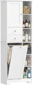 HOMCOM keskeny fürdőszobai szekrény, magas tároló kihúzható mosókosárral, 2 fiókkal és nyitott polcokkal – fehér, 60 x 28,8 x 171 cm | Aosom
