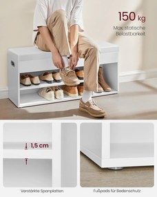 Cipős pad párnával, tárolópad párnázott ülőfelülettel, 3 rekeszes, fehér