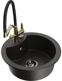 Mexen Diego egymedencés gránit mosogató Duo konyhai csappal, fekete/arany metál - 6512-75-671701-57-B