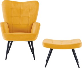 Fotel lábtartóval, sárga Velvet szövet/fekete, HABEN