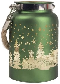 Karácsonyi üveg ledes felakasztható mécses tájképes mintával - zöld - 12x8 cm