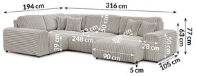 Világosszürke kordbársony sarokkanapé (bal oldali-U alakú) Justin – Ropez