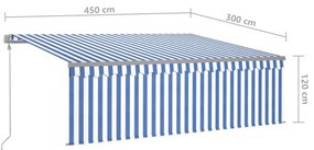kék és fehér redőnyös, szélérzékelős, LED-es napellenző 4,5x3 m