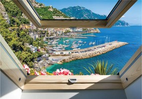 Fotótapéta Ablak Provence Virágok Tenger Hegyek 416x254 vinil +ragasztó