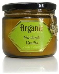 Organikus gyertya Patchouli Vanilla 200 gborostyánszínű üvegben