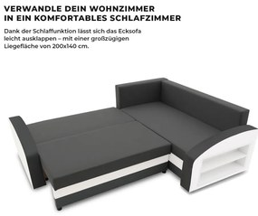 Grande sarokkanapé polcokkal , polc a jobb karfaban, jobboldali, szövet anyag, hab töltet, szürke - fehér