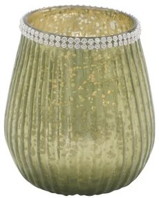 Bordás üveg mécsestartó zöld antikolt, gyöngyös szélű, 9x11cm