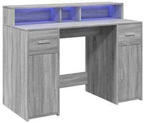 szürke sonoma színű szerelt fa íróasztal LED-ekkel 120x55x91 cm
