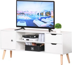 HOMCOM TV Állvány 50" TV-khez Modern Nappali Asztal 2 Nyitott Polccal és 2 Fiókkal 30 kg Terhelhetőséggel 120x28x44 cm Fehér | Aosom