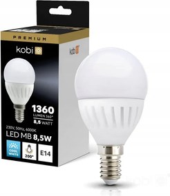 Led izzó golyó E14 8,5W b.hideg 6500K 1360lm tejfehér G45 Prémium Kobi