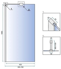 Rea AERO 70, zuhany paraván WALK IN, 70 x 195 cm, 8 mm, króm profil - átlátszó üveg, REA-K7840