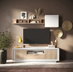 SKY 2.0 TV-szekrény 2 ajtóval és 1 fiókkal, fehér matt lakkozott vázzal, Cadiz tölgy mintázatú laminált előlapokkal