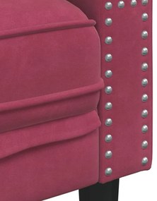 3 személyes bordó bársony Chesterfield kanapé hengerpárnákkal