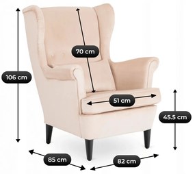 Elegáns Füles Fotel Lábtartóval, Bézs Bársony Kárpittal. EVAN 2