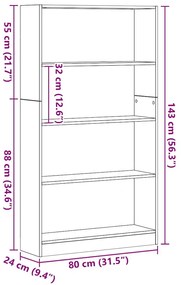 4 szintes fekete tölgy szerelt fa könyvespolc 80x24x143 cm