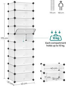 Cipőtartó, műanyag cipősdoboz 10 rekesszel, kombinálható tároló ajtókkal, fehér