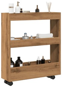 3 szintes kézműves tölgy színű szerelt fa keskeny tárolókocsi