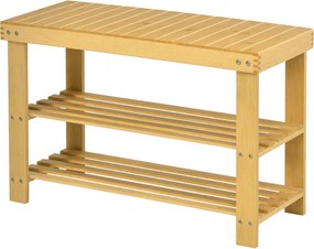 HOMCOM Cipőtároló Pad, Bambusz Pad, Tárolós Cipőrekesz 2 Nyitott Polccal Előszobába, Nappaliba, 70 x 28 x 45 cm Természetes | Aosom