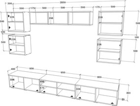 Kos V3 nappali szekrénysor, Fekete / Fényes fehér, MDF, 285 cm