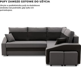 Grande sarokkanapé polcokkal és puffokkal , polc a bal karfaban puffok a jobb karfaban, jobboldali, szövet anyag, hab töltet, szürke - fekete
