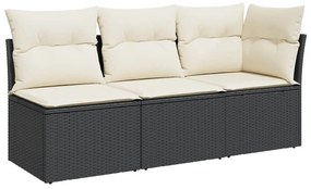 Fekete 3 személyes polyrattan kerti kanapé párnákkal