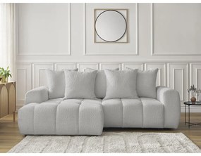 Világosszürke buklé kinyitható-tárolóhelyes sarokkanapé (bal oldali-heverő résszel) Roxelane – Bobochic Paris