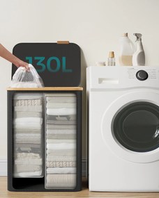 szennyeskosár fedéllel 130l, 2 rekeszes nagyméretű szennyes tartó, fekete