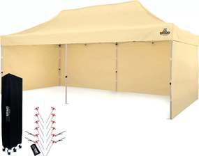 Párty sátor 3x6m Keresztvázas (3 fal) - Acél szerkezet és ponyva 320g/m² - plusz 3 oldalfal - Bézs