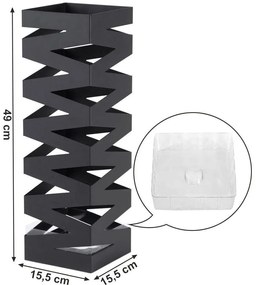 Fém esernyőtartó, akasztókkal és csepptálcával, 15,5x15,5x49 cm, fekete