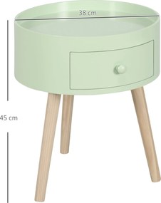 HOMCOM Távollévő Asztal - Éjjeliszekrény - Kerek Éjjeliszekrény - Skandináv Stílusú Oldal Asztal Fiokkal, Kúp alakú, Dőlt Szilárd Fa Lábakkal Zöld | A