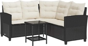 vidaXL L-alakú fekete polyrattan kerti kanapé asztallal és párnával