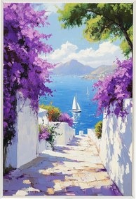 Poszter Alumínium Keret Görögország Santorini Utca Tenger Virágok Kilátás 40x60