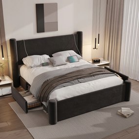 Kárpitozott ágy Franciaágy 140x200cm 2 fiókos Usb fekete