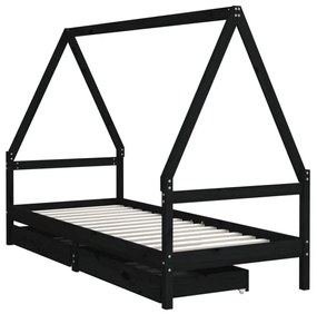 fekete tömör fenyőfa gyerekágykeret fiókokkal 90 x 200 cm