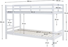 Emeletes ágy, 90x200, tömör fa, fehér, INEZA