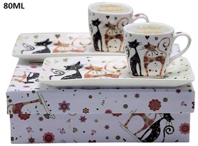 Cicás porcelán eszpresszó kávés csésze tálcával díszdobozban szíves mintával