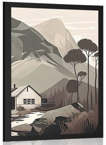 Plakát skandináv kunyhó a hegyekben