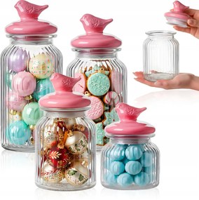 4 db-os Befőttesüveg Készlet Élelmiszer Keksz Kávé Madár