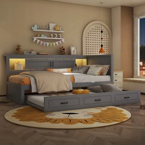 Kanapé ágy kihúzható LED-del 90x200cm ágy aljzat Usb szürke